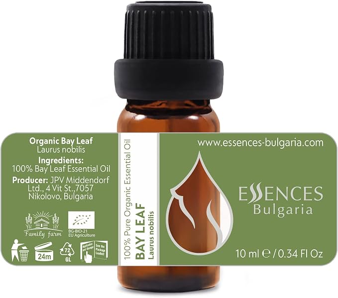 Essences Bulgaria Organic Bay Leaf Essential Oil 1/3 Fl Oz | 10ml | Laurus nobilis | 100% Pure and Natural | Undiluted | Therapeutic Grade | Family Owned Farm | Steam-Distilled | Non-GMO | Vegan