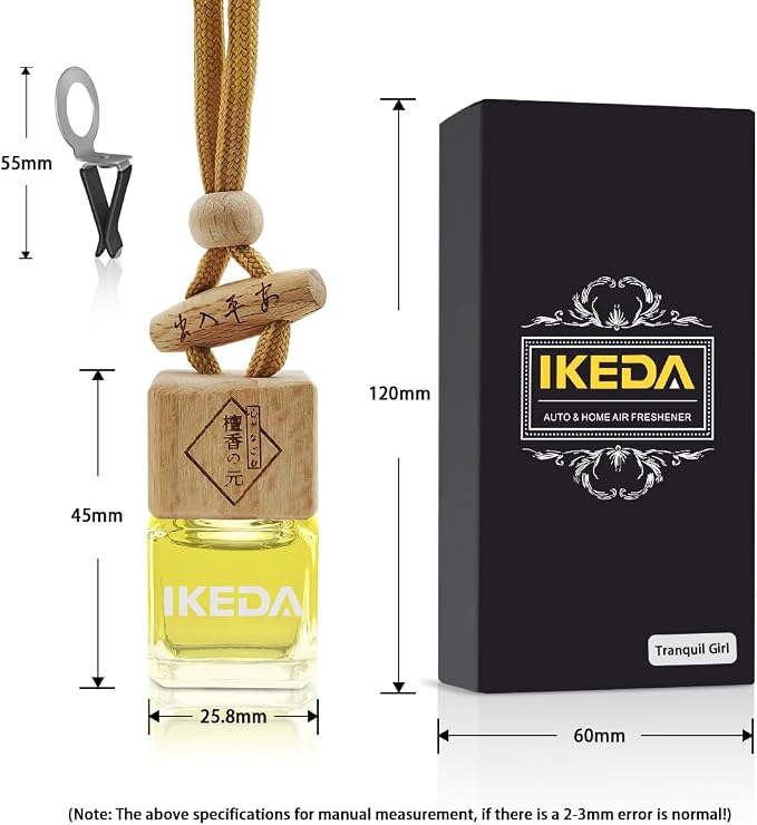 ikeda fragrance Car Air Freshener | Square Hanging Car Scent with Vent Clip Bottle | Long Lasting Fragrance | Essential Oil Diffuser | Odor Eliminator Deodorizer (Square-Tranquil Girl)