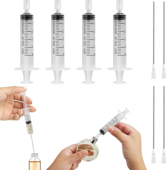4 Pack-5ml Plastic Perfume Syringe Extracto Decanter Kit with Blunt Stainless Needle Tip, Suitable for Perfume、Ink、Pen、Printer Filling, Refillable Liquid Dispensing and Measuring.