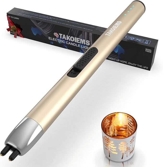Candle Lighter, Electric USB Lighter with Upgraded LED Display Safety Switch, Rechargeable Flameless Windproof, Gold