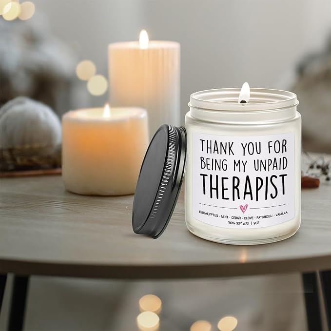 Thank You for Being My Unpaid Therapist Candle Gifts for Best Friend, Eucalyptus, Mint, Cedar, Clove, Patchouli, Vanilla Candle 9OZ - Funny Friendship Sister Boss Coworker Bestie Mom Gifts for Her