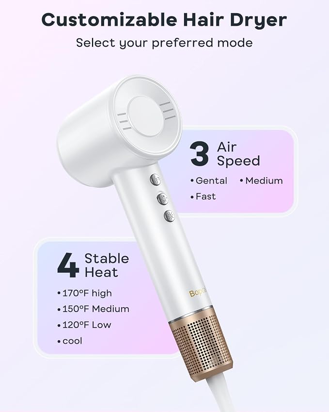 Bopcal Hair Dryer - 1-5 Mins Fast Drying Ionic Blow Dryer, 150,000RPM High-Speed, 500M Negative Ions Reduce 70% Frizz, Low Noise with Magnetic Diffuser & Nozzle, Home Travel Salon Use, Dark Black