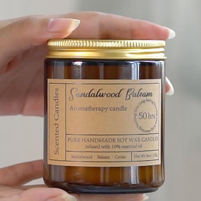 【4.0 | 43】Sandalwood Balsam Candles for Home Scented - 8oz Natural Soy Candles Aromatherapy Candle Gift for Men and Women Relaxation Anxiety Stress Relief, Enjoy a Relax Candle with 50 Hour Burn Time