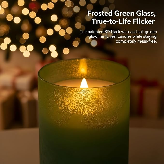 ANGELLOONG Green Flameless Candles with Remote, Glass Battery Operated LED Pillar Candles Flickering for St. Patrick's Day Christmas Home Decor, Set of 3