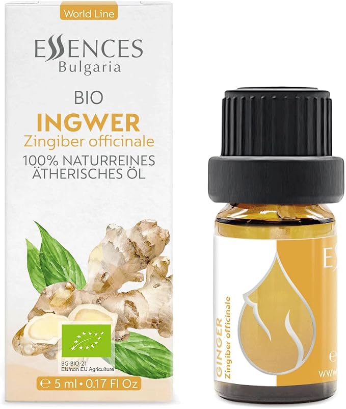 Essences Bulgaria Organic Ginger Essential Oil 0.17 Fl Oz 5ml Zingiber officinale - 100% Pure Natural Undiluted Therapeutic Grade Aromatherapy Oil for Diffuser Humidifier Lymphatic Drainage Massage