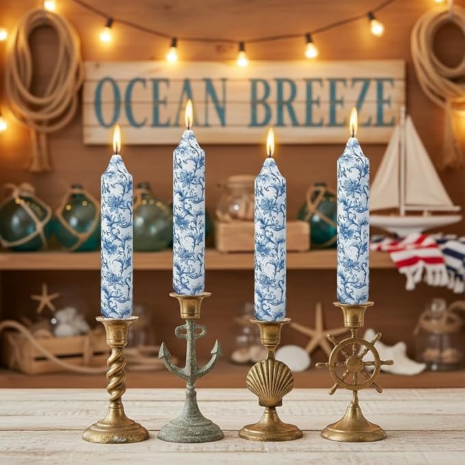7 Inch Blue and White Taper Candles Short Chunky Candle Sticks Handmade Unscented Smokeless Chinoiserie Floral Thick Candles for Nautical Ceremony Dining Table Everyday Meals Family Dinner Elegance