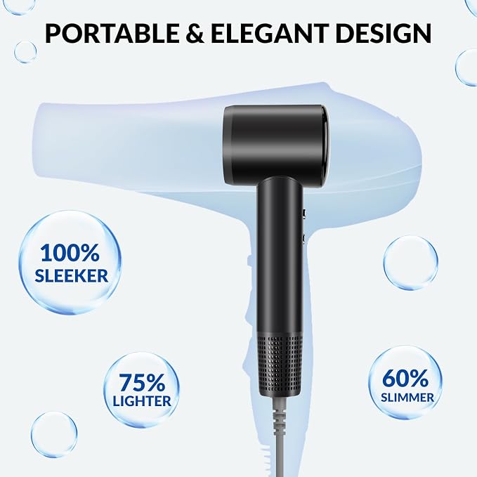 Chignon Hair Dryer with Diffuser, Ionic Travel Hairdryer with 160,000 RPM High-Speed Motor for Fast Drying, 1600W Lightweight Blow Dryer with Concentrator for Women Men, Professional Salon Home, Black