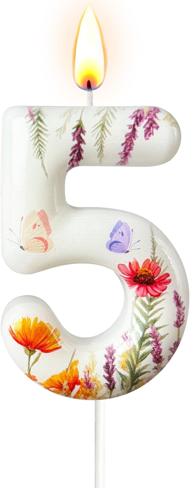 Number 5 Birthday Candle for Cake – Floral Botanical Design with Butterfly Detail – Elegant Cake Topper for Birthday, Garden Party Decoration