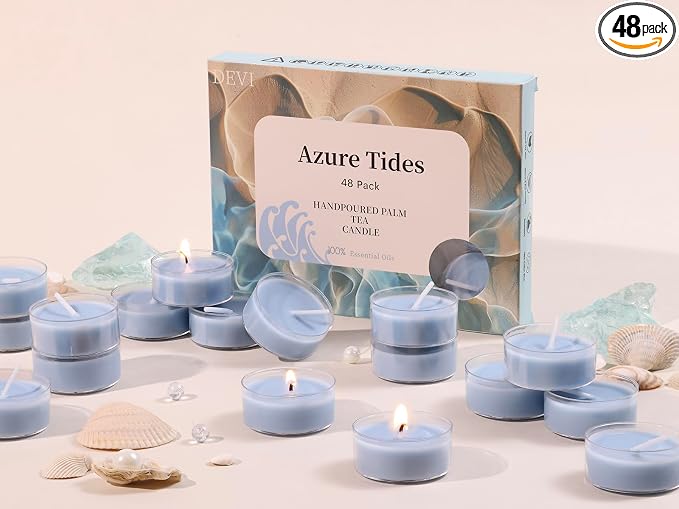 DEVI Ocean Breeze Highly Scented Tea Lights Candles 48 Pack, 3.5-4 Hours Natural Palm Tea Candles for Home Scented, Small Blue Votives with Natural Essential Oils for Gifts