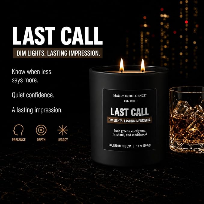 Manly Indulgence Last Call Scented Candle, 2 Wick, 13 oz, Premium Soy Blend Wax, Candles for Home Scented - Made in The USA
