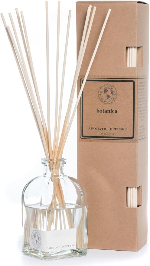 ECO CANDLE CO. Reed Diffuser Set, Botanica, 4 oz. - Scents of Pine, Lavender, & Moss - Premium Phthalate Free Fragrance & Essential Oil Blends, 12 Reeds, Recycled Box