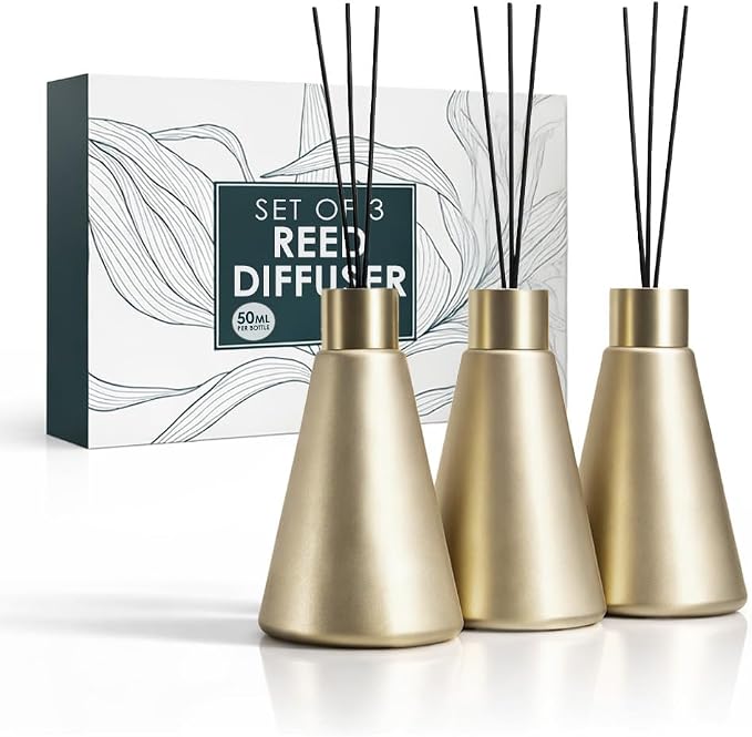 Mega Handles Reed Diffuser Sets (50ml) - 3 Pack White Flower Scent Bathroom Diffuser, Elegant Reed Diffuser for Shelf Decor, Decorative Air Freshener for Large Rooms - Satin Brass