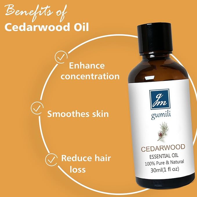 GM Gumili Cedarwood Essential Oil 1 Oz, 100% Pure Natural Cedarwood Oil, Aromatherapy Essential Oils for Diffuser, Skin, Hair, Candle, DIY Body Care