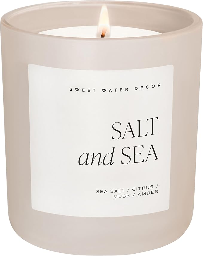 Sweet Water Decor Salt and Sea Soy Candle - Sea Salt, Citrus, Musk, and Amber Scented Summer Candles for Home - 15oz Tan Matte Jar, 70+ Hour Burn Time, Made in The USA - Beach Candles and Decor