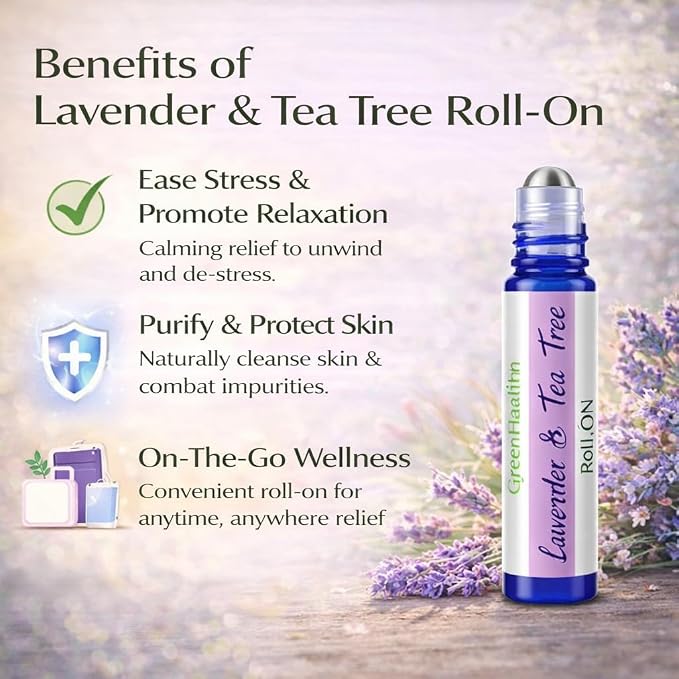 GreenHealth Lavender & Tea Tree Essential Oil Roll On 10 ml – Pre-Diluted Aromatherapy Roller, Ready to Use, Portable Roll-On, Relaxing Lavender & Refreshing Tea Tree Blend for On-the-Go Use