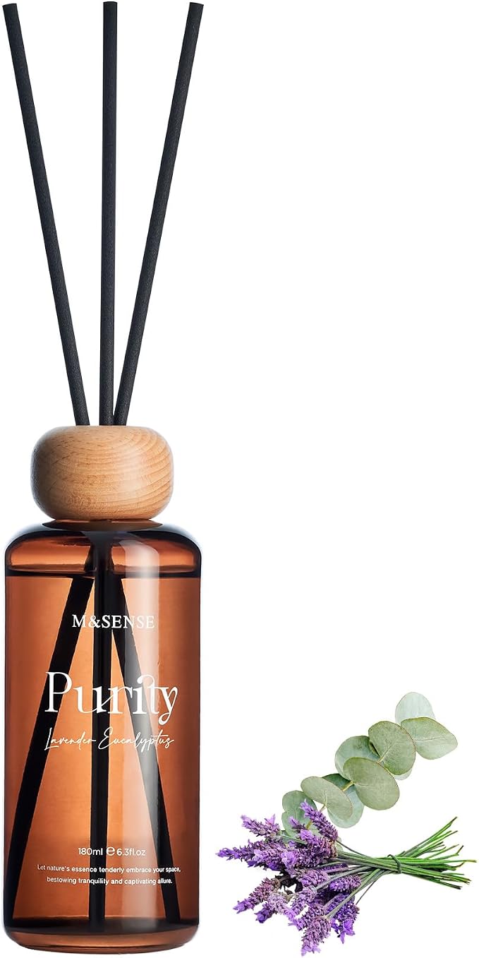 M&SENSE Lavender Eucalyptus Reed Diffuser: Upgraded Formula 6.3 fl oz Non-Toxic Aroma Set with Sticks, Long-Lasting Natural Essential Oil Gifts for Home, Bedroom