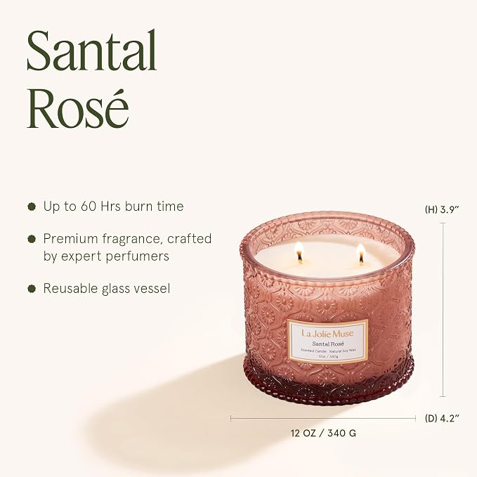 LA JOLIE MUSE Santal Rosé Scented Candles for Home, Natural Soy 2-Wick 12oz | Large Jar Luxury Candle, Clean Non Toxic, Gifts for Women, Decorative Pink Candles, Pretty Floral Candle, Sandalwood Rose