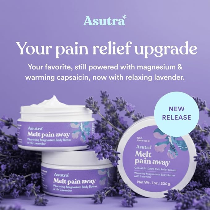 ASUTRA Melt Pain Away Magnesium Cream for Pain Relief for Feet and Body, Warming Capsaicin Cream Formula for Leg Cramps, Post-Workout Muscle Soreness (Lavender, 7 oz)