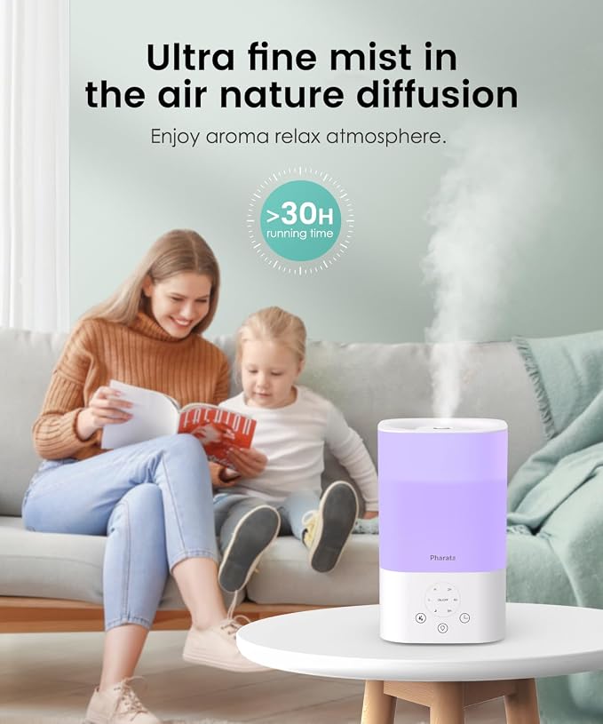 Pharata Humidifiers for Bedroom Home, 3.5L Top Fill Air Cool Mist Humidifiers for Baby Large Room Indoor Plants Nursery, Night Light, White