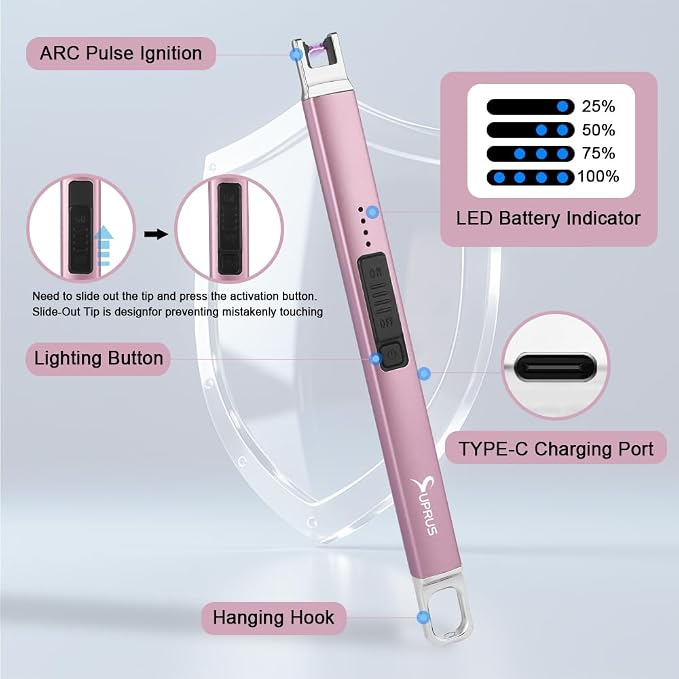 SUPRUS Candle Lighter Arc Electric Lighter Windproof Flameless with Safety Switch for Camping BBQ Birthday, Giftbox for Mom Wife Friend (Rose Red)