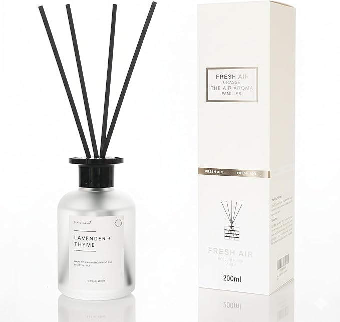 Reed Diffuser Set, Lavender Thyme Scent, 6.7 oz, Home Fragrance with 5 Diffuser Sticks Long Lasting Fragrance (Black)