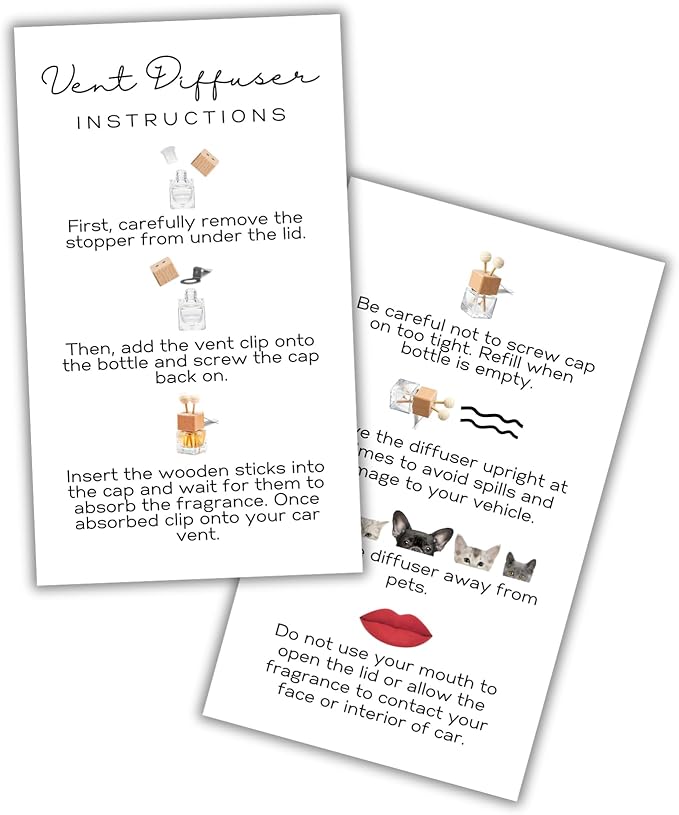 Car Vent Wood Diffuser Care Card | 50 Pack 2x3.5 inches Paper Cards | Vent Clip Reed Oil Diffuser Bottles add to Customer Package