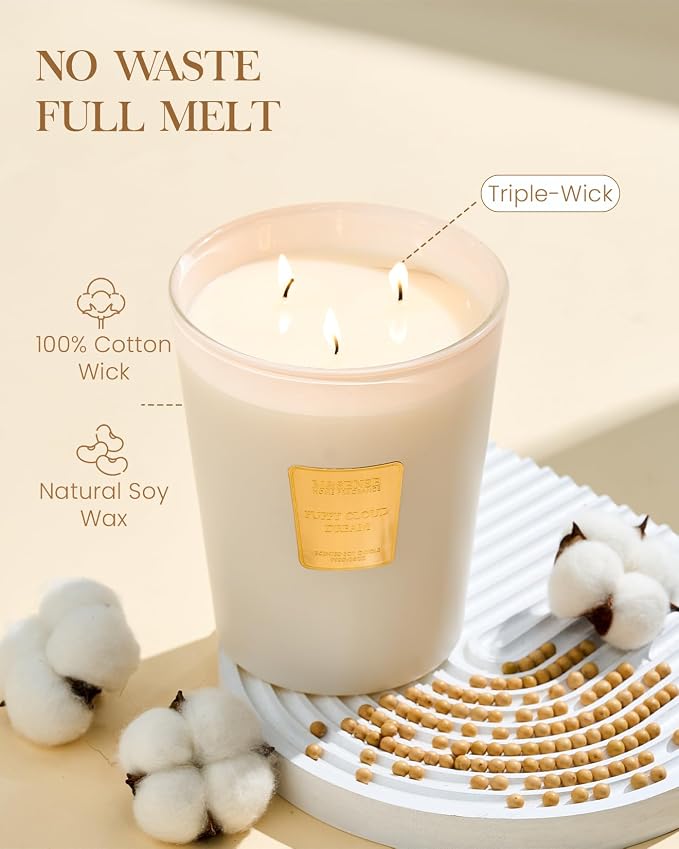 M&SENSE Puffy Cloud Dream Soy Candle, 35oz 3 Wick 150H Long Lasting, Large Aromatherapy Candles Soft Nursery & Bedroom Calm, Housewarming Gifts