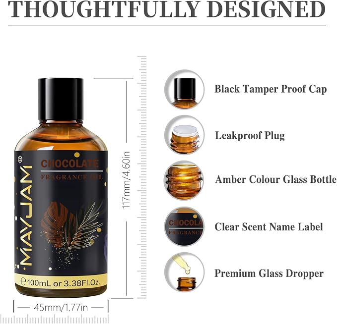 Chocolate Fragrance Oil Essential Oil, MAYJAM 3.38FL.OZ Chocolate Oil for Diffusers for Home, Long Lasting Scented Oils for Soap Candle Making - 100ML