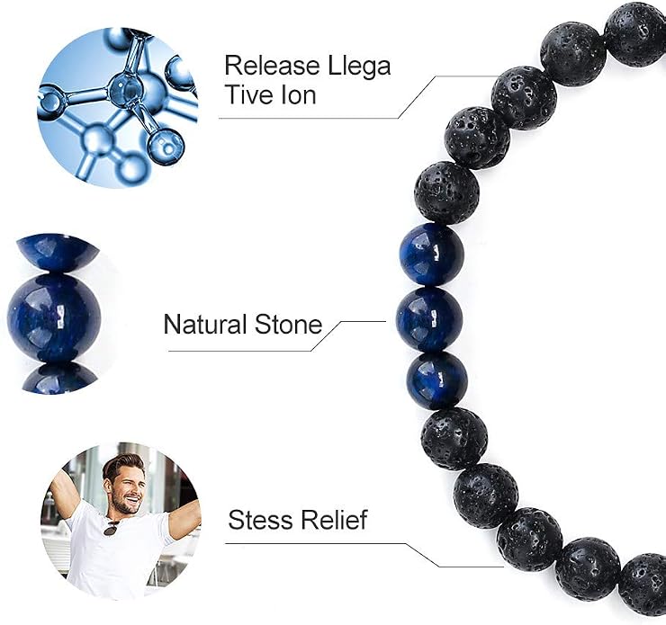 M MOOHAM Mens Bracelet - Beaded Natural Stone 8mm Tiger Eye Matte Agate Lava Rock Bracelets for Men Teen Boys Grandpa Dad Birthday Gifts Jewelry