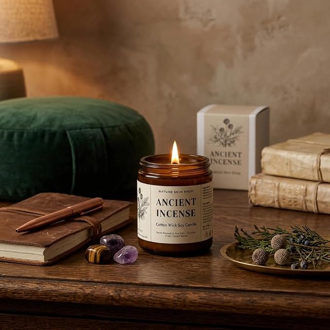 Nature Skin Shop Ancient Incense Artisan Soy Candle Frankincense and Myrrh Aromatherapy Home Fragrance Vegan Cotton Wick 8 oz
