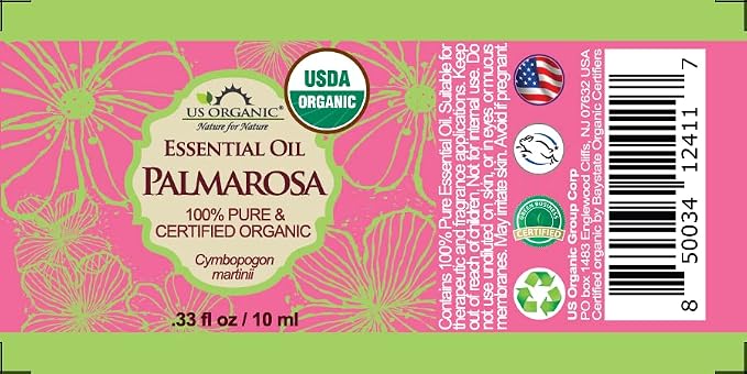 US Organic Palmarosa Essential Oil, USDA Certified Organic 100% Pure, Steam Distilled, Sourced from India (10 ml)