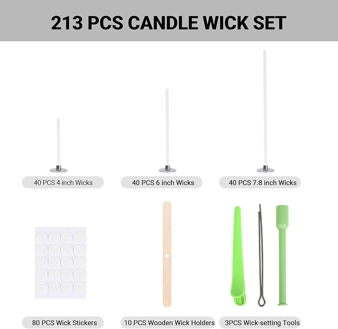 Phinus Candle Wicks Kit 213 PCS, 3 Different Size Candle Wicks for Candle Making, DIY Candle Wick with Complete Tool for Soy Wax, Beeswax, Coconut Wax (4 Inch, 6 Inch and 7.8 Inch in Length)
