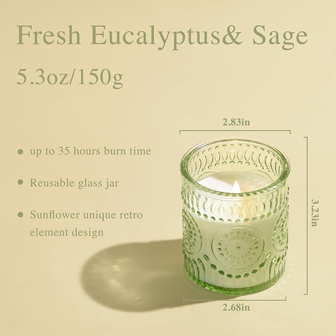 Eucalyptus & Sage Soy Scented Candles for Home- 5.3oz 35H Natural Soy Wax Aromatherapy Jar Candle with Strong Scent, Decorative Aesthetic Candles for Relax, Meditation, Bathroom, Luxury Gift for Women
