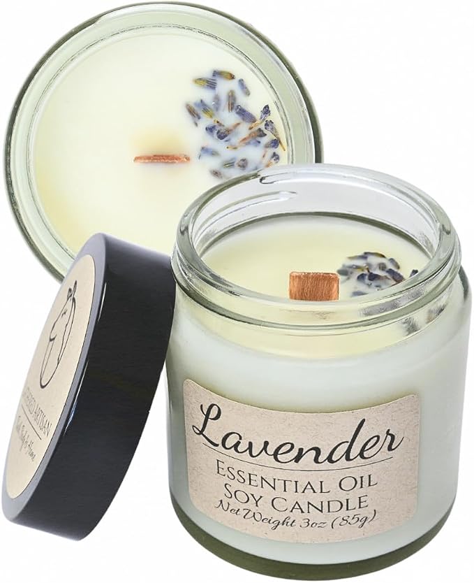 Pure Lavender Essential Oil Apothecary Candle - 3oz High-Potency Soy Wax - Real Botanicals & Crackling Wood Wick - Stress Relief & Sleep Ritual - Small Batch Luxury by Lathered Artisan