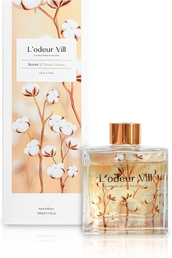 L'odeur Vill Reed Diffuser Set/Fresh Linen/3.38 fl.oz（100ML）/1 Pack with 6 Reed Sticks/Home Fragrance Diffuser, Oil Scent Diffuser for Bathroom Shelf Decor.