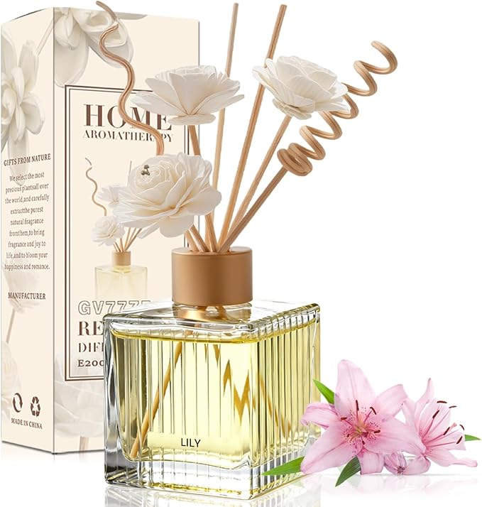 Lily Reed Diffuser - 6.7 oz Glass Bottle with 4 Rattan Sticks, 3 Dried Flowers | Adjustable, Long-Lasting Scent for Home, Bedroom, Living Room, Office, Bathroom | Aromatherapy Gift
