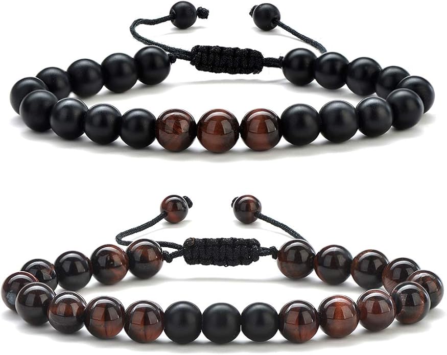 M MOOHAM Mens Bracelet - Beaded Natural Stone 8mm Tiger Eye Matte Agate Lava Rock Bracelets for Men Teen Boys Grandpa Dad Birthday Gifts Jewelry