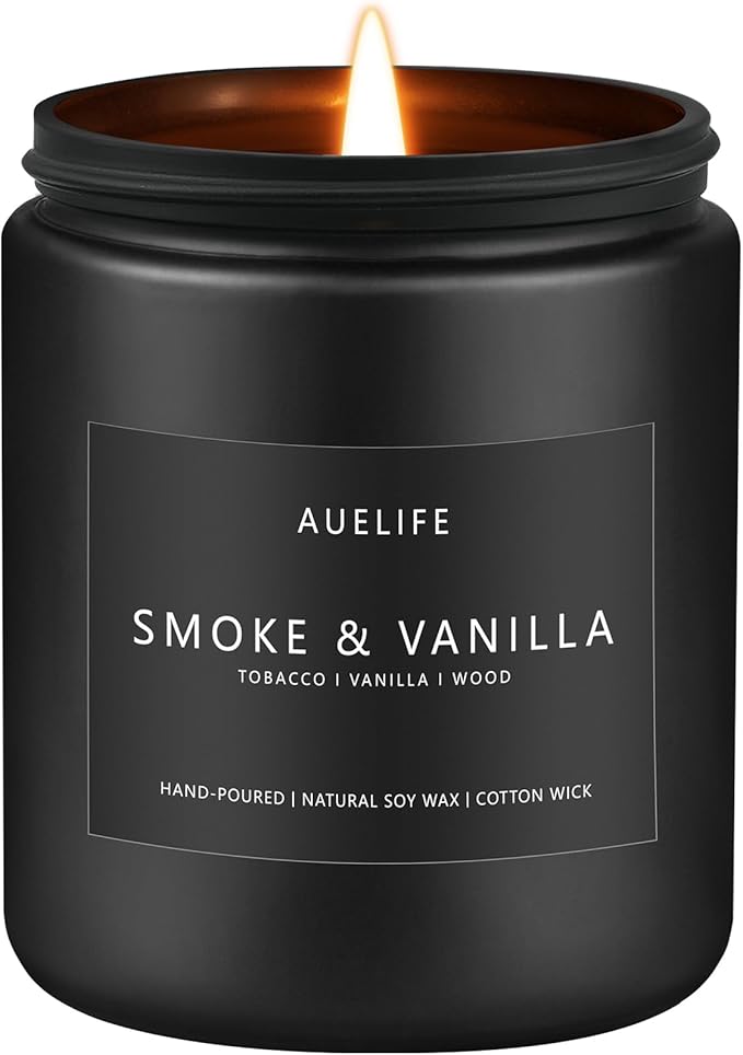 Auelife Smoke Vanilla Candle, 7 oz Soy Candle for Men | 50H Burn Time, Cotton Wick, Matte Black Jar, Home Office Decor, Gift Box Included