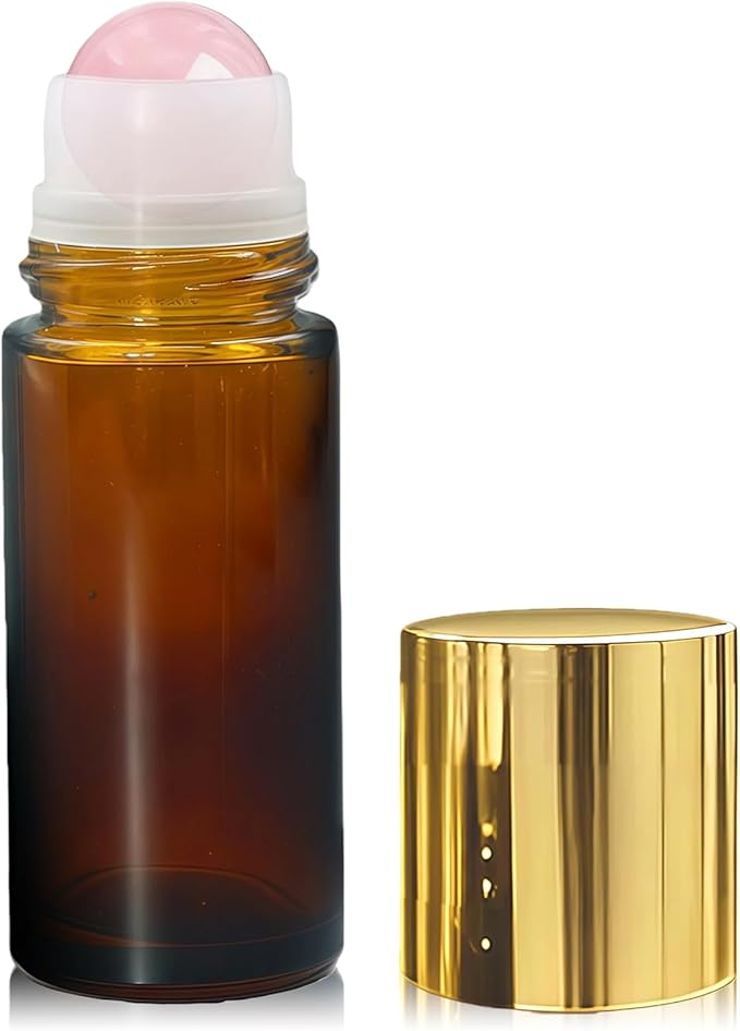 Rose Quartz Roller Bottles for Essential Oils, 50ml Refillable Amber Glass Roll On Bottles with Natural Crystal Roller Balls, Leak-Proof Travel Perfume Bottle with Gold Caps