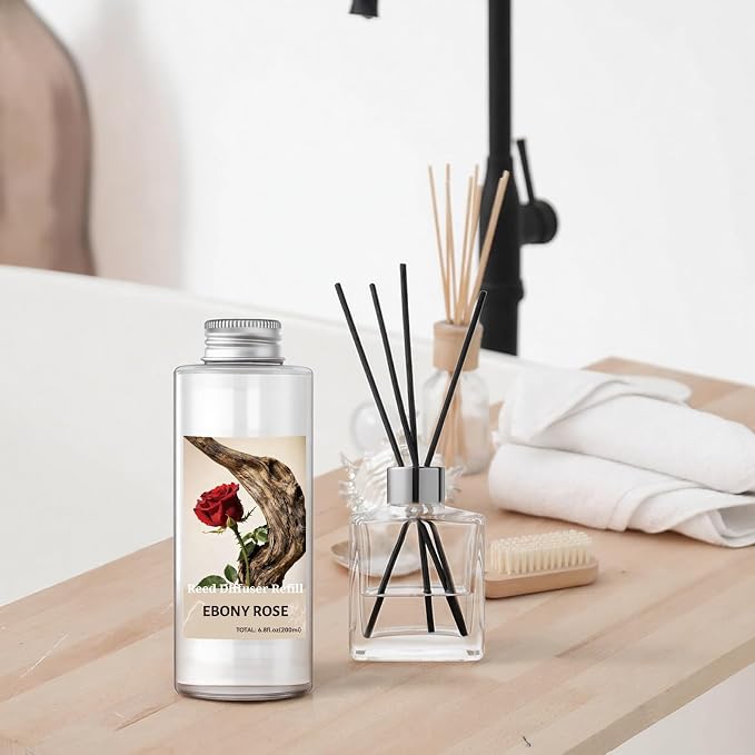 STRN Reed Diffuser Oil Refill, Ebony Rose Scented Diffuser Oil Refills with 6 Reed Sticks 200ML(6.8fl.oz), Room Fresheners for Home, Long-Lasting Summer Fragrance for Living Room, Bedroom, Office
