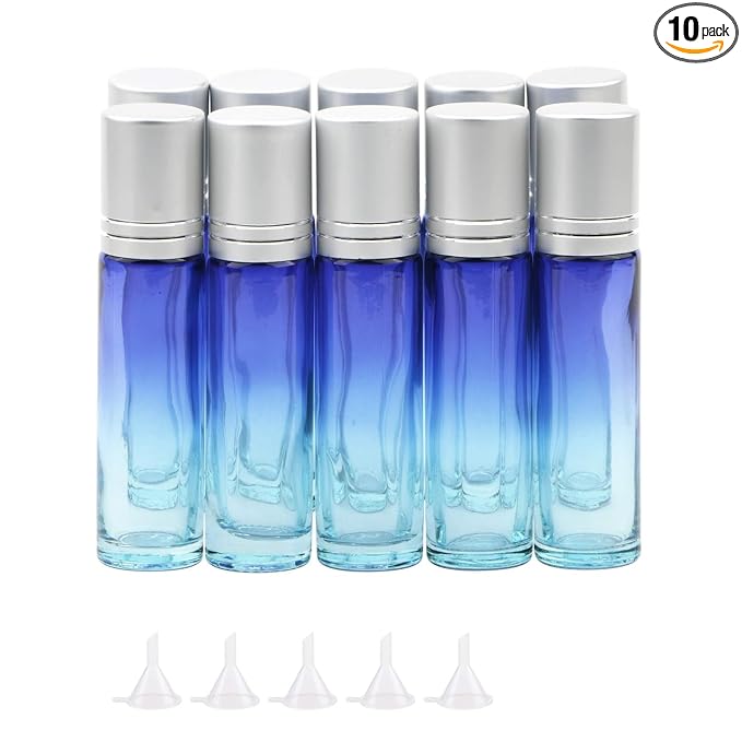 10Pcs Glass Rolling Bottles Set, 10ml (1/3oz) Blue Gradient Roller jars with Funnels, Glass Roll on Vials for Essential Oil Aromatherapy Perfume Liquid Massage