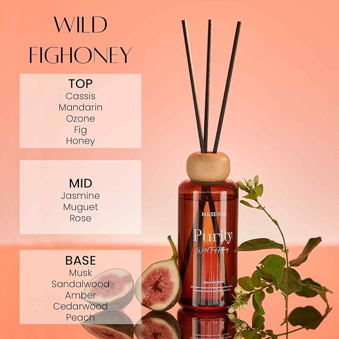 M&SENSE Reed Diffuser Set, Wild Fig Honey Scented 6.3 fl oz Natural Essential Oil Diffusers with Sticks, Non-Toxic Organic Air Freshener, Long-Lasting Fragrance Oils for Bedroom Gifts for Women