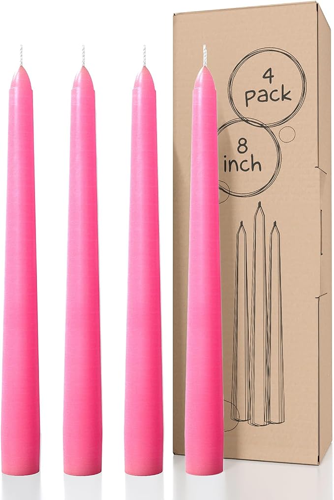 CANDWAX 8 inch Pink Taper Candles Pack of 4 - Unscented Smokeless Dripless Tall Candlesticks - Perfect as Easter Candles and for Holidays, Ordinary Dinners and Special Occasions - Pink Candle Sticks
