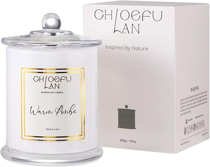 Warm Amber Candle, Scented Candles Gifts for Women & Men, Amber Oil, Cotton Wick, Natural Soy Wax for Clean Burning, Luxury Home Decor, Non-Toxic, Glass Jar Candle, 70 Hour Burn, 10 oz