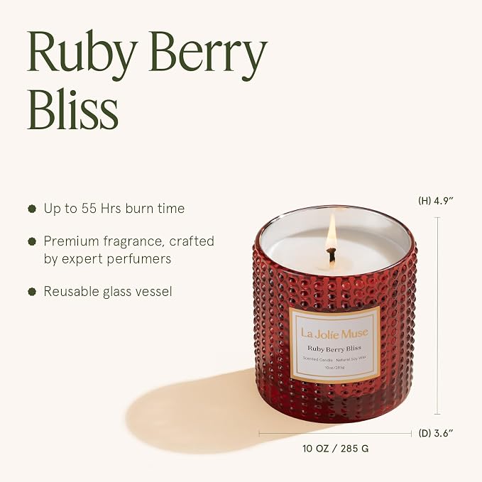 LA JOLIE MUSE Ruby Berry Bliss Scented Candle| Mandarin, Cranberry & Plum | 10 oz Festive Candle | 55 Hours Clean Burn | Gift for Hosts & Gathering | Elegant Home Decor
