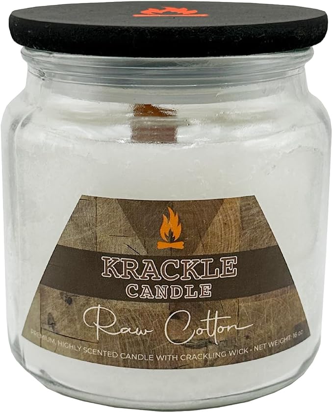 Krackle Candle | Raw Cotton | 16 oz Scented Candle with Natural Crackling Wooden Wick | Poured in the USA | Clean Cotton, Green Rose & Bergamot Fragrance
