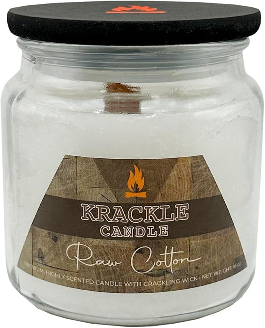 Krackle Candle | Raw Cotton | 16 oz Scented Candle with Natural Crackling Wooden Wick | Poured in the USA | Clean Cotton, Green Rose & Bergamot Fragrance