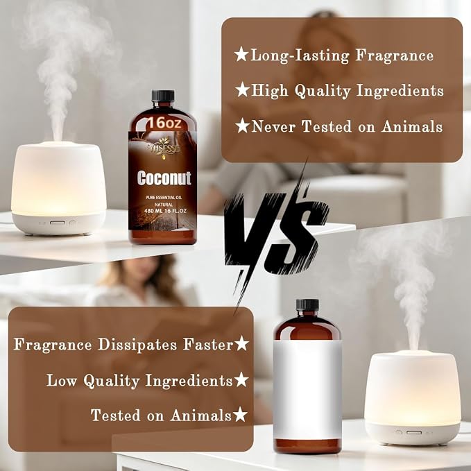 Coconut Essential Oil, Coconut Oil 16 Fl Oz 480ml for Diffuser Yoga Soap & Candle Making – with 0.33 Oz Roller Ball & Funnel YHSESSE Essential Oils