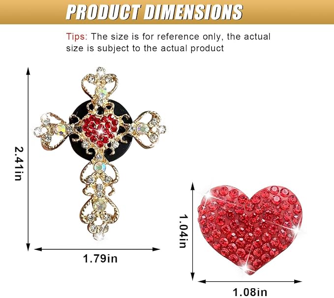 2PCS Bling Cross & Heart Car Dashboard Air Vent Trim Clip, Sparkly Rhinestone Car Air Vent Clips, Diamond Auto Diffuser Charm Clip, Auto Interior Decoration Accessory for Women Girls (Red)