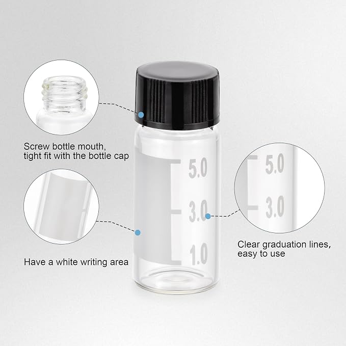 Kesell 30-Pack 5ml（0.17oz, 1.35dram） Premium Glass Vials - Clear Borosilicate Glass, Graduated, with Labels - Small Jars with Lids for Samples
